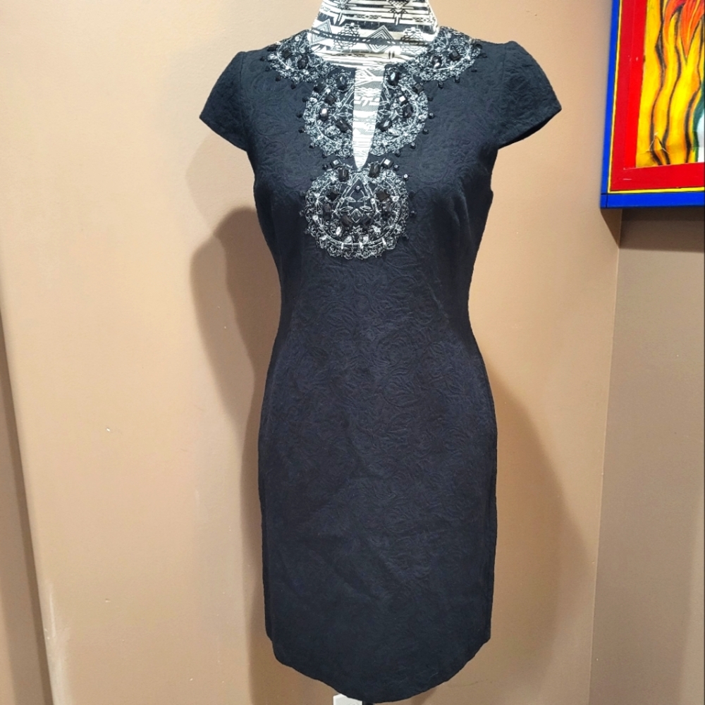 Chetta B Vintage Black Brocade Embellished Dress